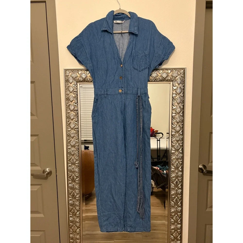 Zara Denim Linen Blend Wide Leg Jumpsuit Blue Short Sleeve Belted Medium d5